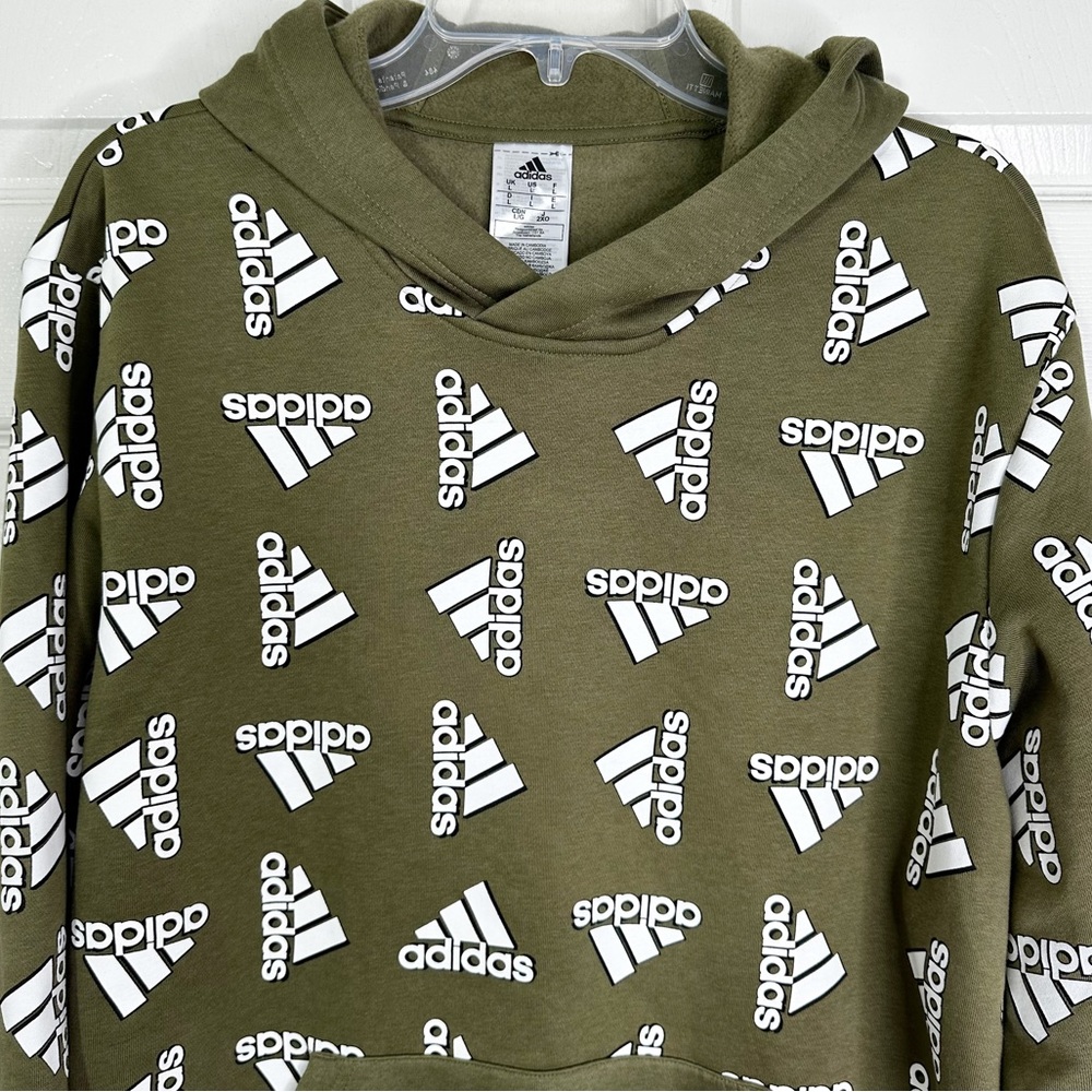 NWT Adidas AOP Fleece Hoodie Pullover Sweatshirt in Olive Men’s Sz L - Picture 3 of 12